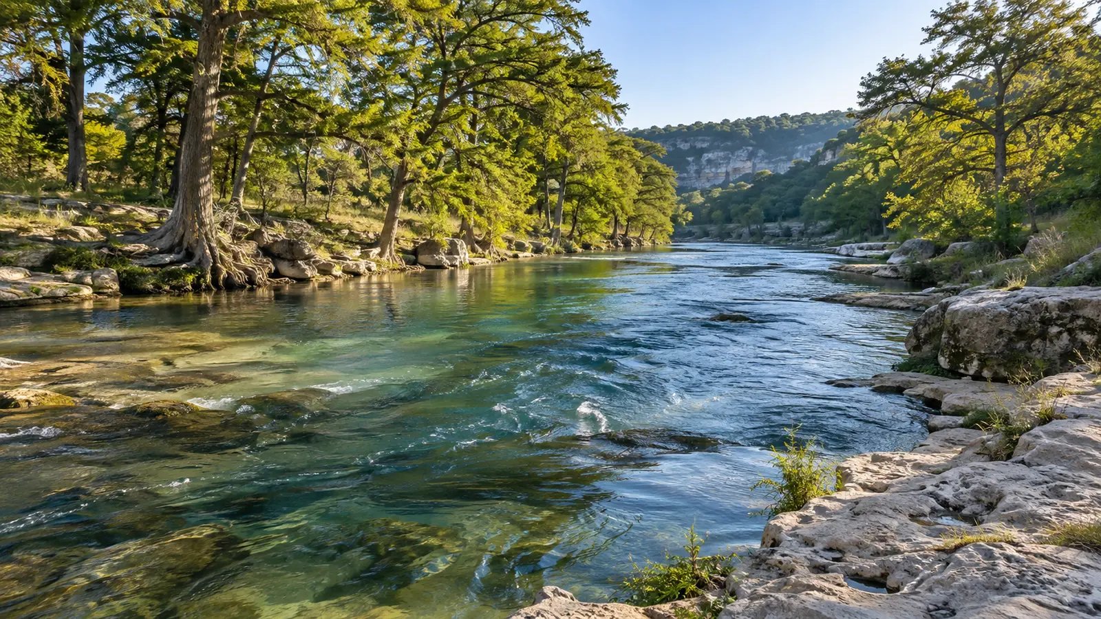 Clear flowing river through limestone banks and cypress trees in the Texas Hill Country